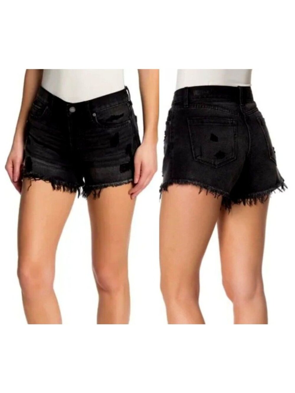 [BLANKNYC] Black Distressed High Rise Button Fly Raw Hem Denim Shorts Size 27